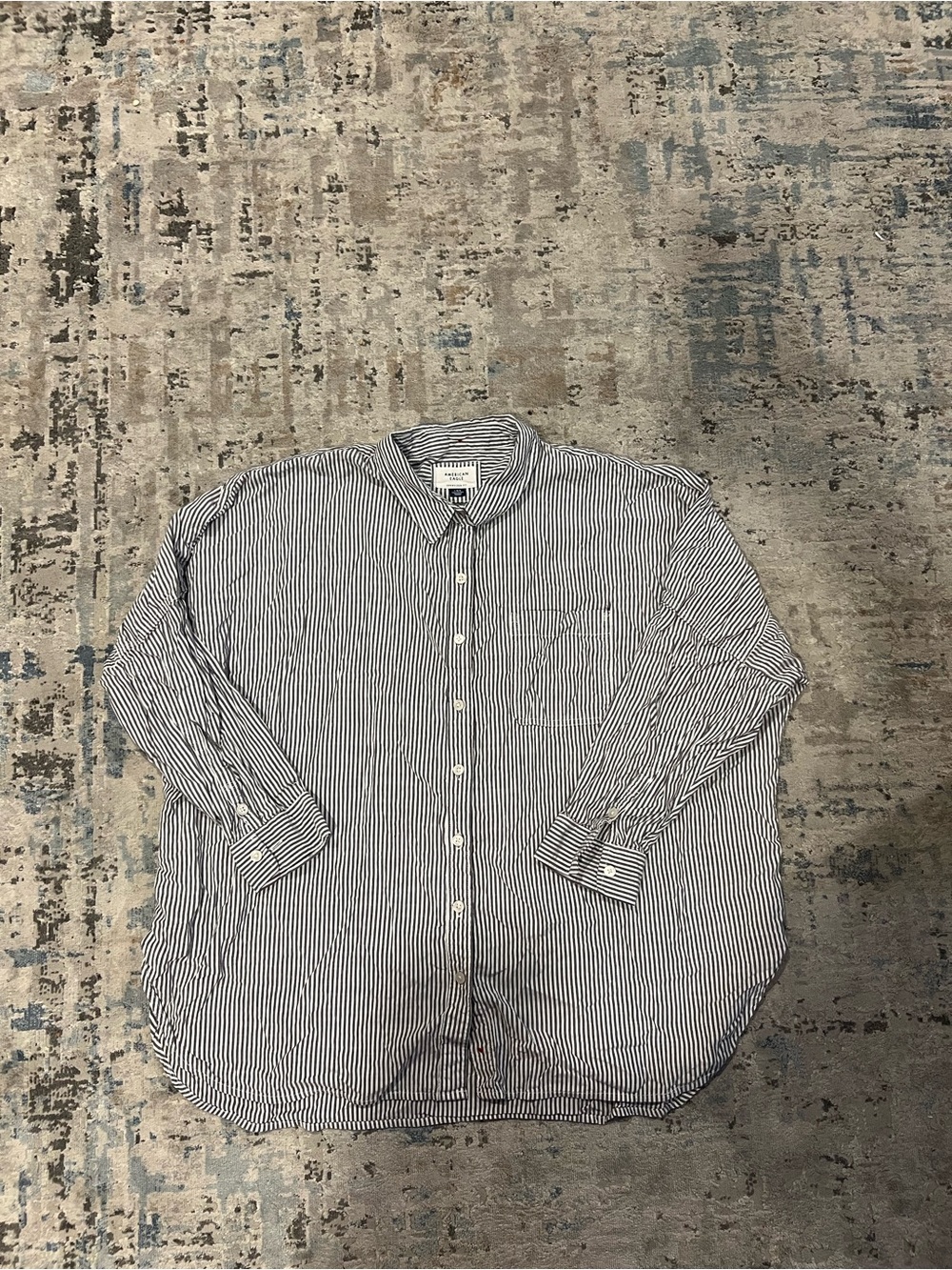 American Eagle Outfitters Navy and White Striped Button-Down Shirt